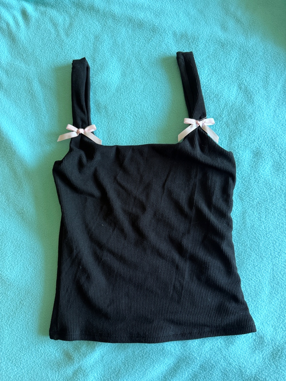 gaze Black Ribbed Tank Top with Pink Bow Accents